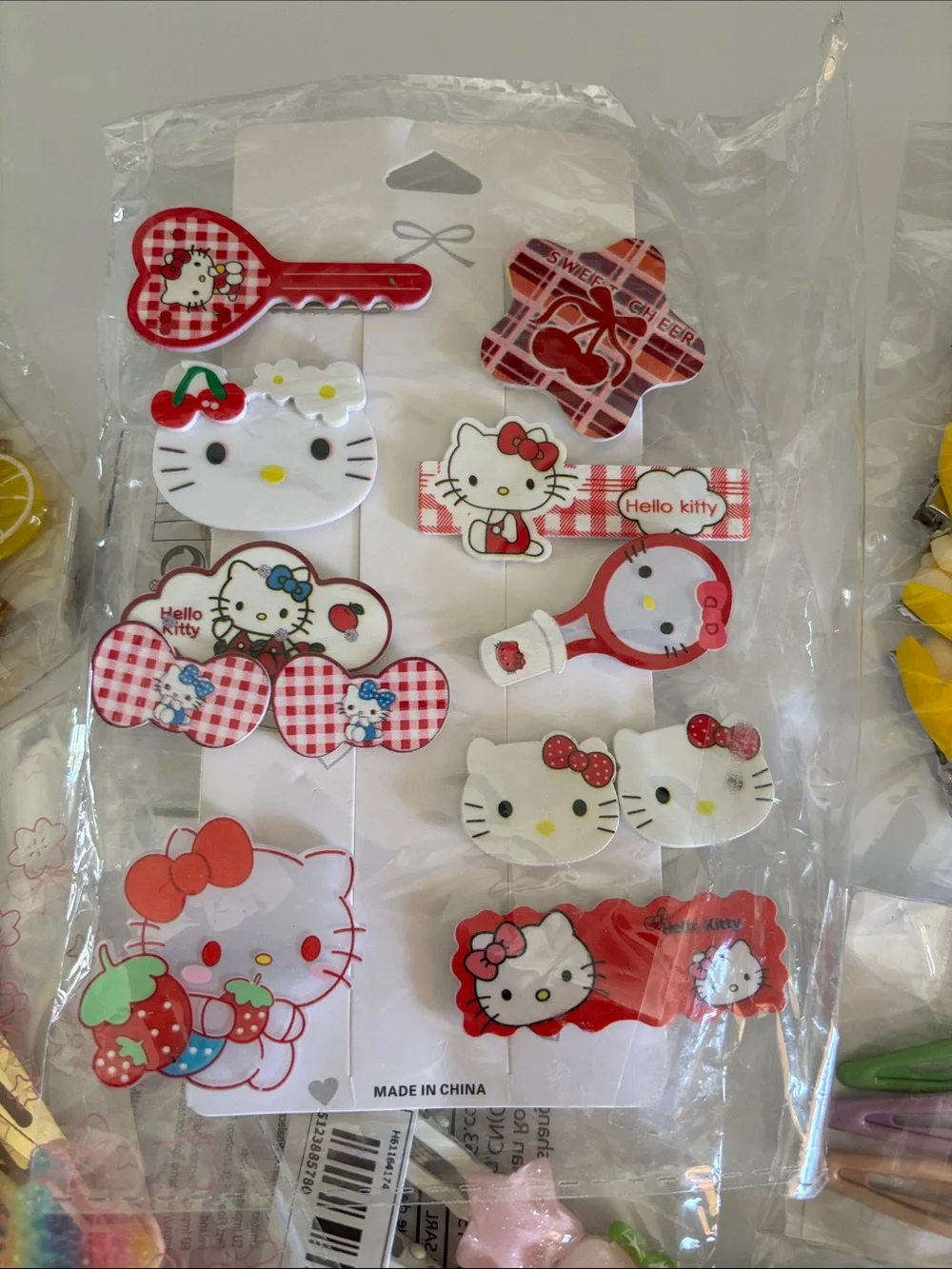 Large Lot of Cute Novelty Hair Clips Hello Kitty Fruit Hearts Ice Cream